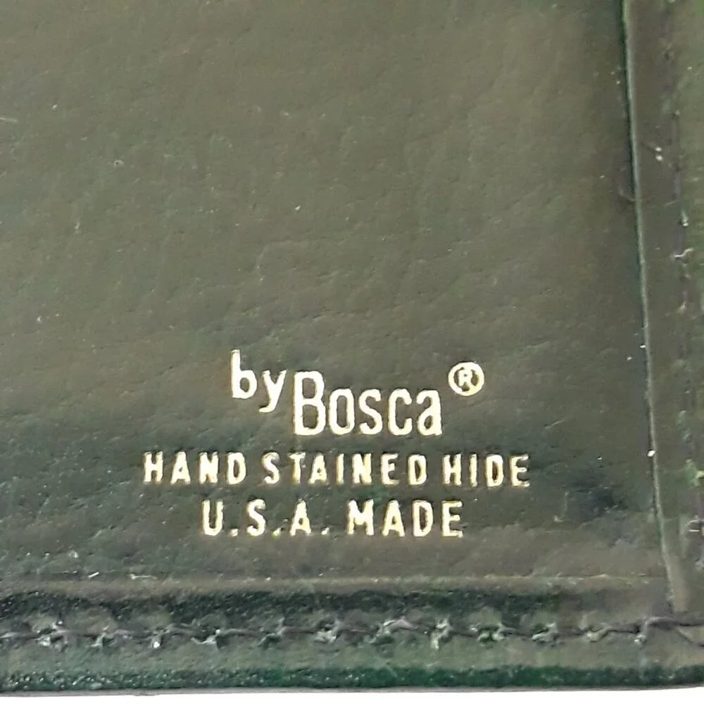 Vtg Bosca Hand Stained Hide Green Leather Kisslock Tri-fold Check Book Wallet